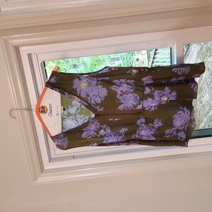 CABI Celebrity Floral Print V-Neck Sleeveless Peplum Top Olive Green, Lavender M